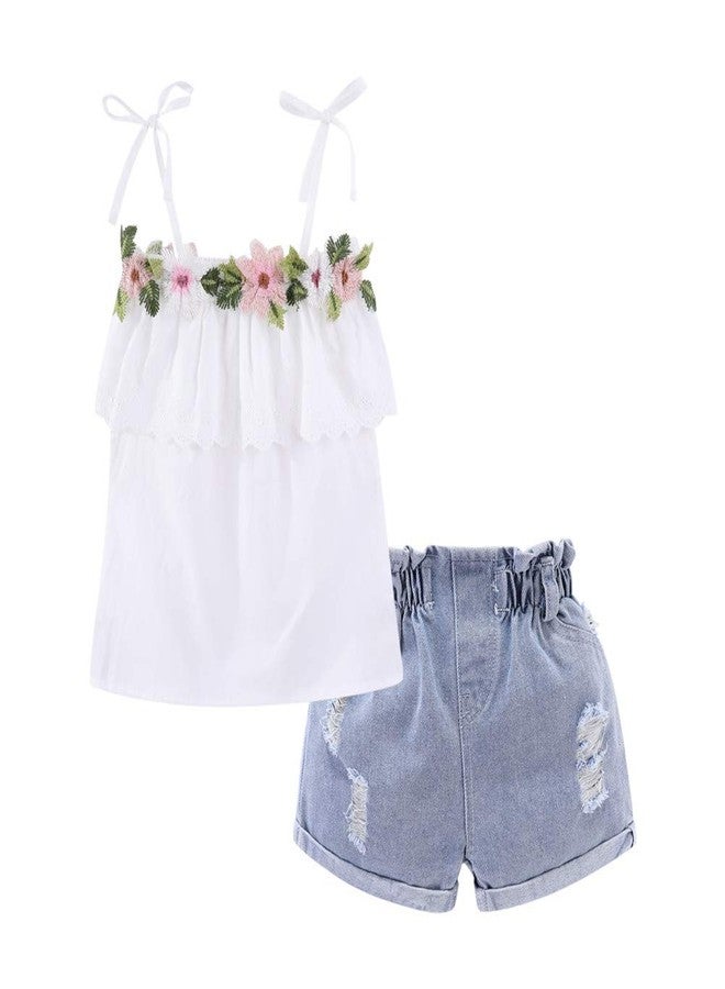 Mud Kingdom Little Girls Denim Shorts Set White Floral Cold Shoulder Size 6 - Image 1