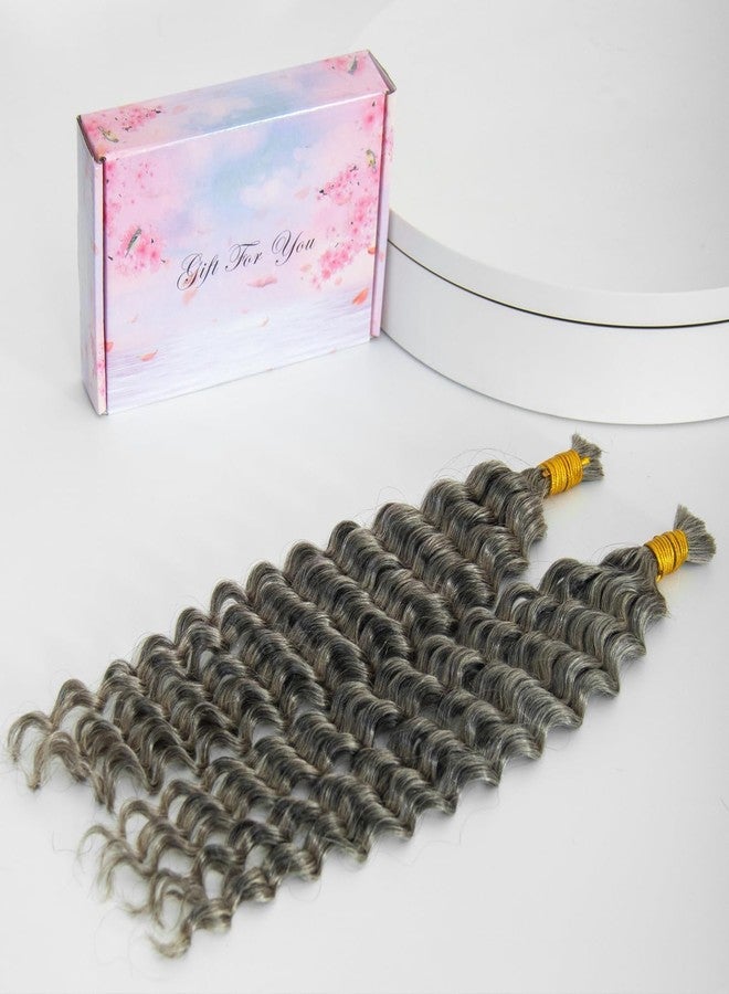 KRN Grey Braiding Human Hair Deep Wave Bulk, 2 Bundles/Pack 105g 12A Grade Salt And Pepper Braiding Hair No Weft Wet and Wavy Gray Human Hair Bundles for Boho Braids 16 Inch - Image 2