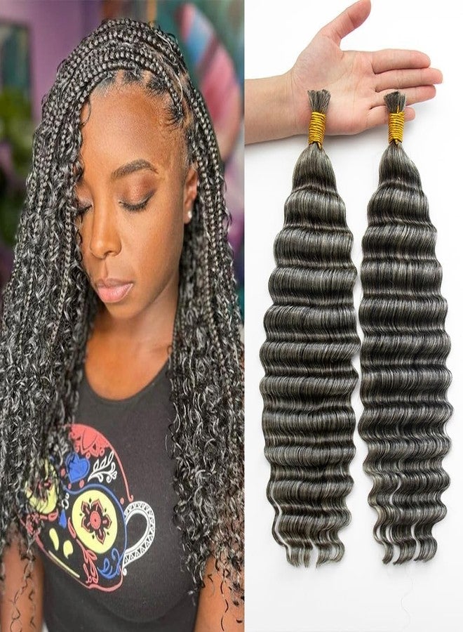 KRN Grey Braiding Human Hair Deep Wave Bulk, 2 Bundles/Pack 105g 12A Grade Salt And Pepper Braiding Hair No Weft Wet and Wavy Gray Human Hair Bundles for Boho Braids 16 Inch - Image 1