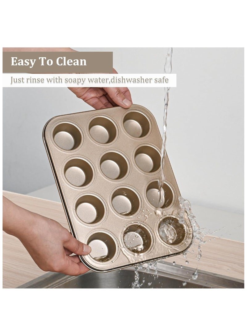 Mini Muffin Pan, Premium Small Cupcake Pans, Carbon Steel 12-Cup Muffin Tin, Versatile Non-Stick Bakeware (Gold) - Image 3