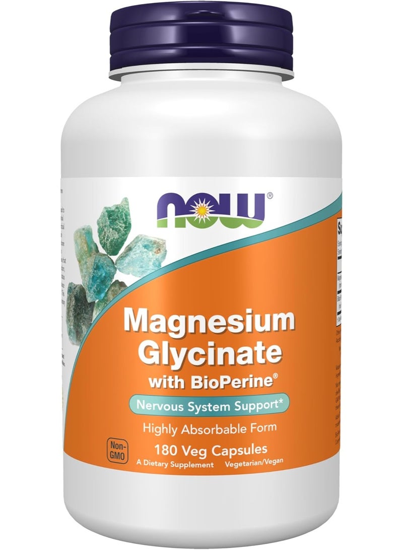 now Magnesium Glycinate with BioPerine, 180 Veg Capsules, High Absorption Formula, Nervous System & Metabolism Support, Vegan, Non-GMO - Image 1