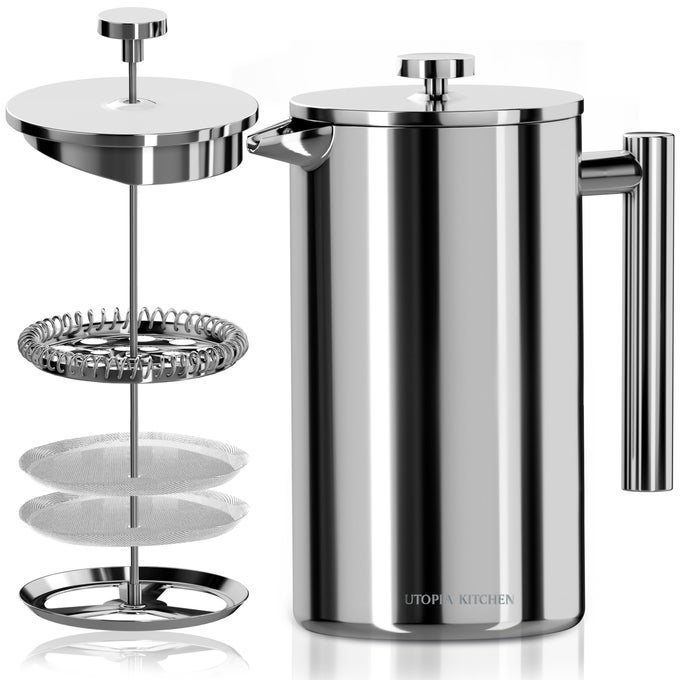 304 GRADE STAINLESS STEEL FRENCH PRESS COFFEE MAKER 17 OZ DOUBLE WALL INSULATED COFFEE PRESS WITH 4LEVEL FILTRATION SYSTEM INCLUDE 2 EXTRA FILTERS RUSTFREE DISHWASHER SAFE SILVER