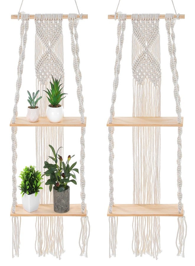 Caeuiciw 2 Packs Macrame Wall Hanging Shelf 2 Tier Handmade Boho Hanging Wall Shelf Floating Woven Rope Decorative Storage Racks Holder Organizer for Home Bedroom Bathroom Plants, Beige - Image 1