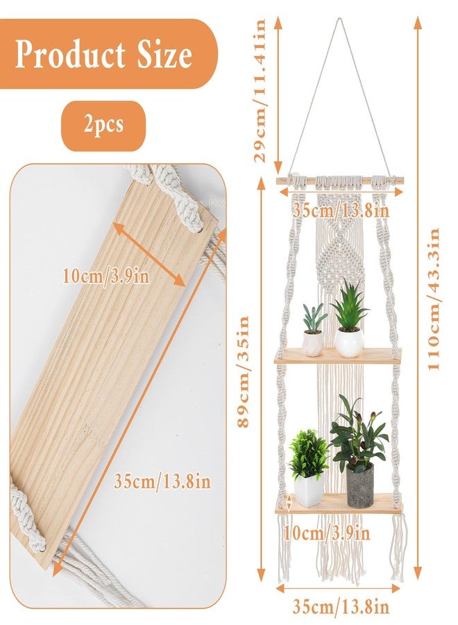 Caeuiciw 2 Packs Macrame Wall Hanging Shelf 2 Tier Handmade Boho Hanging Wall Shelf Floating Woven Rope Decorative Storage Racks Holder Organizer for Home Bedroom Bathroom Plants, Beige - Image 2