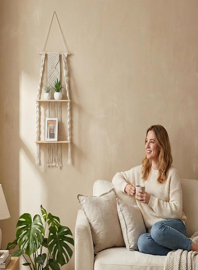 Caeuiciw 2 Packs Macrame Wall Hanging Shelf 2 Tier Handmade Boho Hanging Wall Shelf Floating Woven Rope Decorative Storage Racks Holder Organizer for Home Bedroom Bathroom Plants, Beige - Image 5