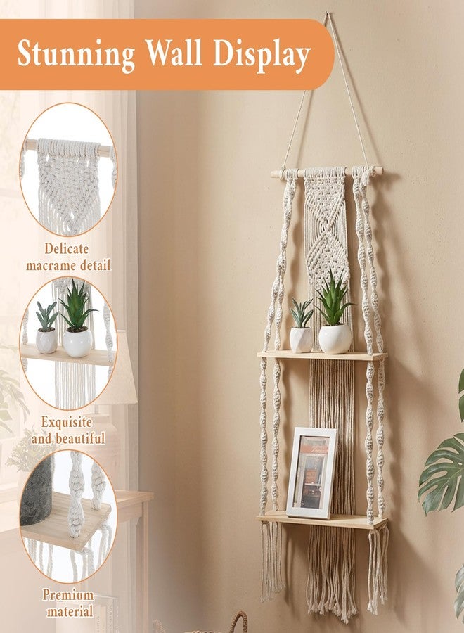 Caeuiciw 2 Packs Macrame Wall Hanging Shelf 2 Tier Handmade Boho Hanging Wall Shelf Floating Woven Rope Decorative Storage Racks Holder Organizer for Home Bedroom Bathroom Plants, Beige - Image 3