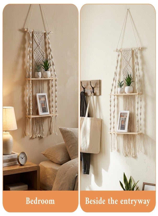 Caeuiciw 2 Packs Macrame Wall Hanging Shelf 2 Tier Handmade Boho Hanging Wall Shelf Floating Woven Rope Decorative Storage Racks Holder Organizer for Home Bedroom Bathroom Plants, Beige - Image 4