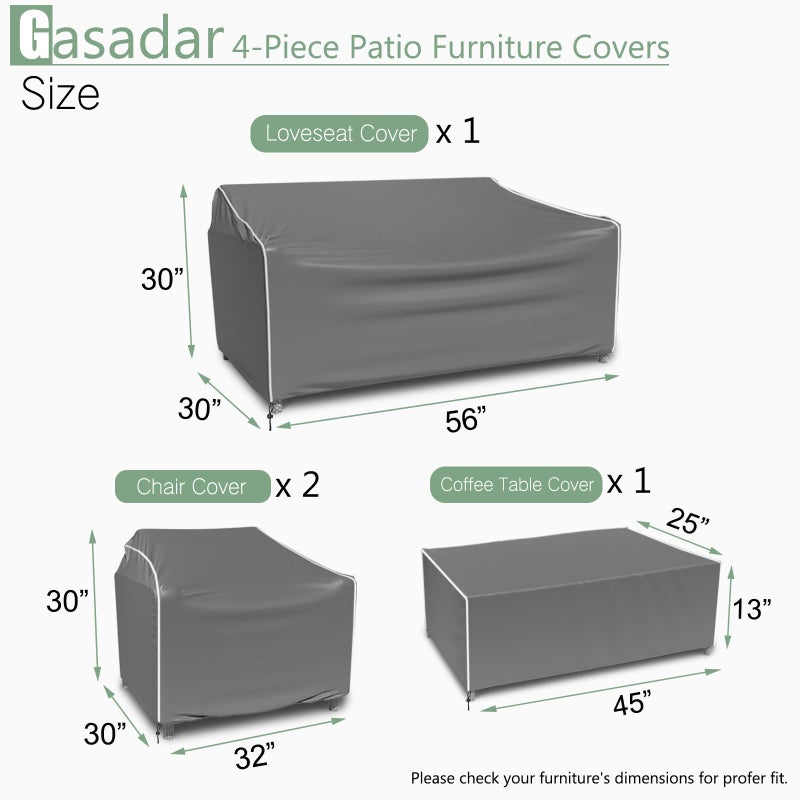 Gasadar Patio Furniture Covers, 4-Piece Outdoor Furniture Cover Waterproof for Patio Loveseat, Chair and Coffee Table, 500D Heavy Duty, Grey - Image 2