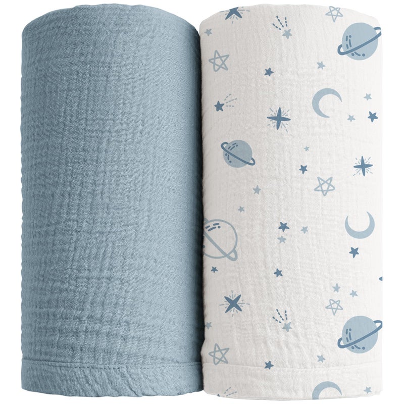 Konssy Muslin Swaddle Blankets for Girls Boys 2 Pack 100 Cotton Receiving Baby Blanket Large 47 x 47 inches Soft Breathable Swaddling Wrap for Unisex Newborn StarBlue - Image 2
