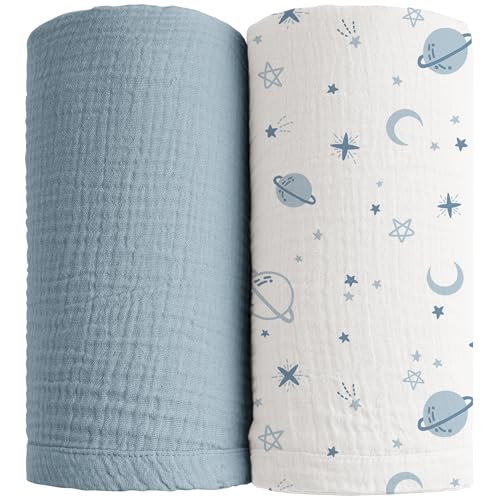 Konssy Muslin Swaddle Blankets for Girls Boys 2 Pack 100 Cotton Receiving Baby Blanket Large 47 x 47 inches Soft Breathable Swaddling Wrap for Unisex Newborn StarBlue - Image 1