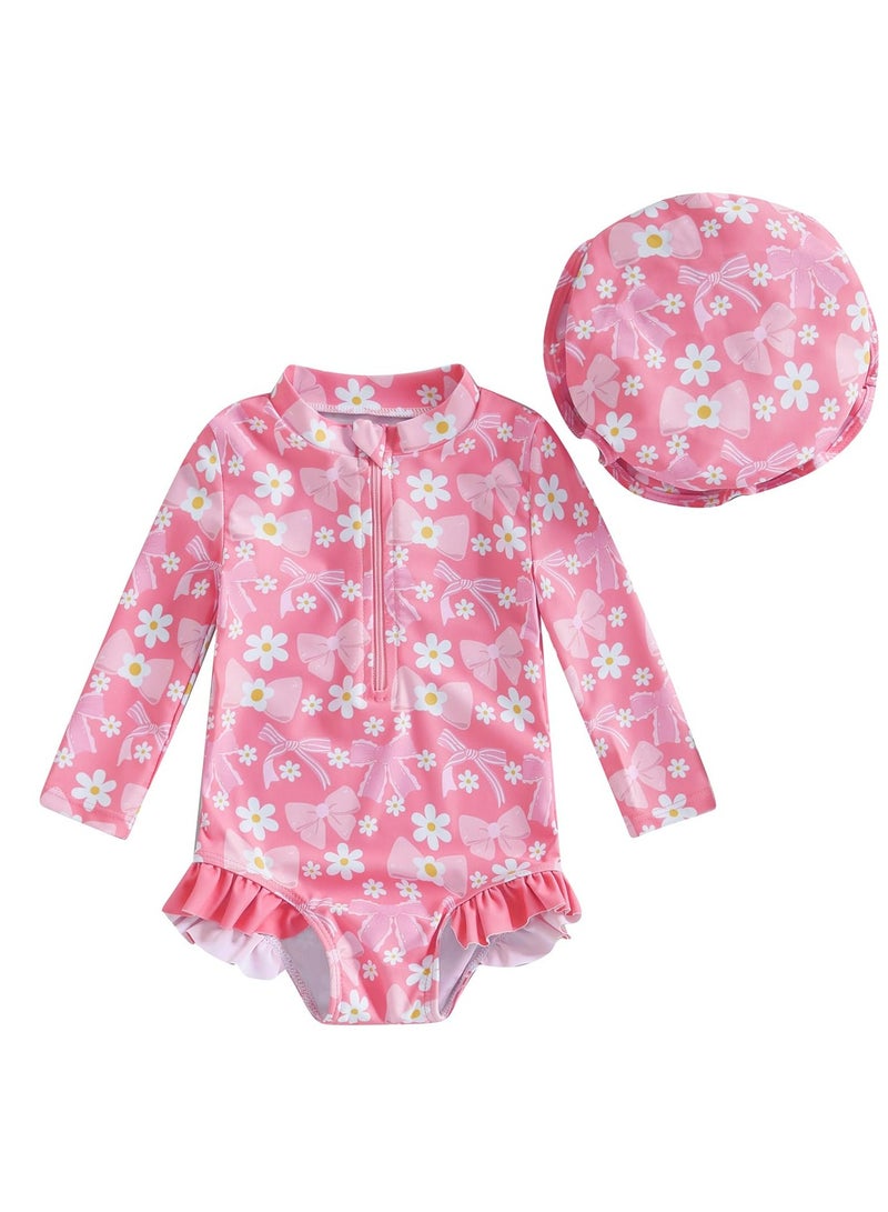 Dominy Toddler Girls Rash Guard Swimsuit Romper Long Sleeve Floral Print Baby Ruffles Bathing Suit Swimwear with Swim Cap(18-24M) - Image 1