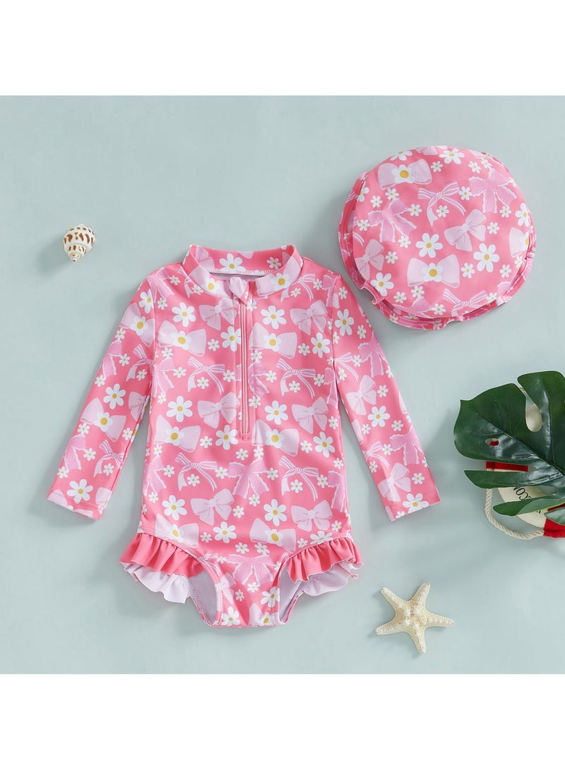 Dominy Toddler Girls Rash Guard Swimsuit Romper Long Sleeve Floral Print Baby Ruffles Bathing Suit Swimwear with Swim Cap(18-24M) - Image 2