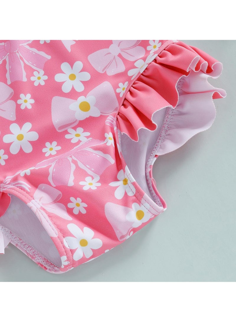 Dominy Toddler Girls Rash Guard Swimsuit Romper Long Sleeve Floral Print Baby Ruffles Bathing Suit Swimwear with Swim Cap(18-24M) - Image 5