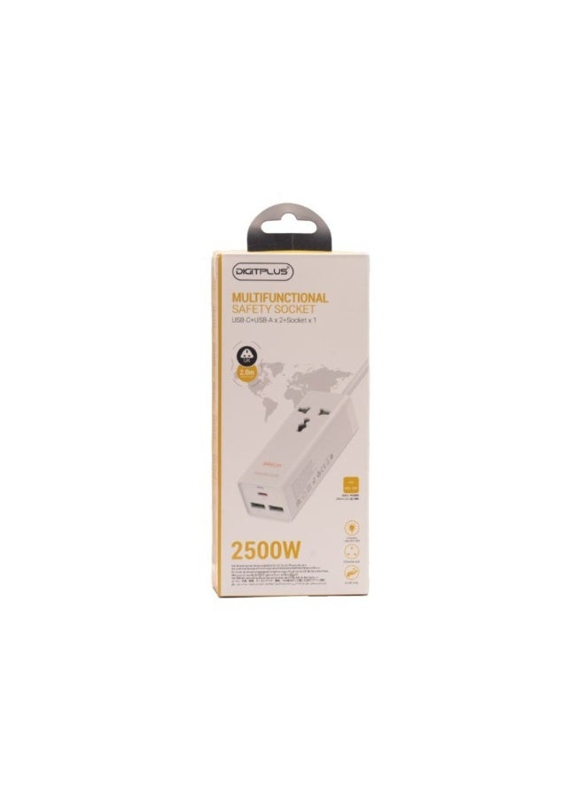 ديجيتبلس مقبس أمان متعدد الوظائف Digitplus DP-601B - مخرج تيار متردد واحد مع منفذي USB-A ومنفذ USB-C واحد، شريط طاقة بقدرة 2500 واط، كابل بطول 2 متر - Image 1