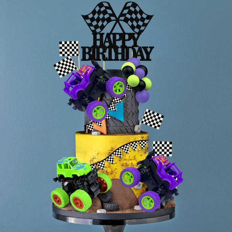 KEEPARTY 29PCS Truck Cake Decoration 2 Purple 1 Green Off-road Vehicle Cake Top Decoration Deep Purple Light Green Black Balls Truck Themed Party Supplies - Image 4