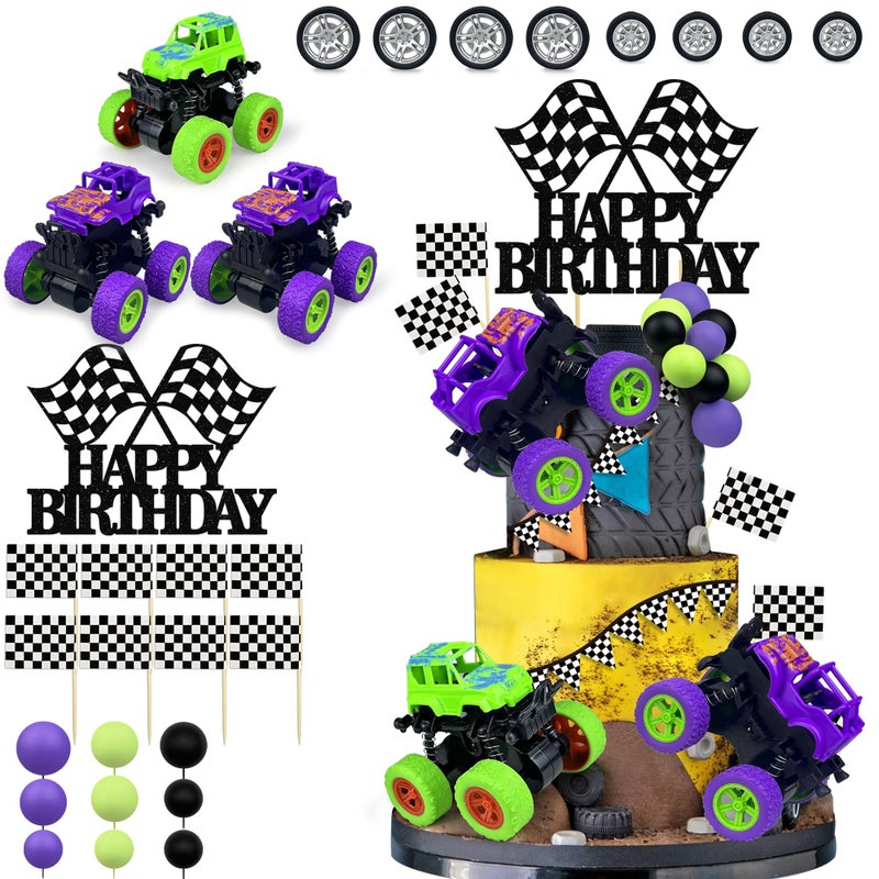 KEEPARTY 29PCS Truck Cake Decoration 2 Purple 1 Green Off-road Vehicle Cake Top Decoration Deep Purple Light Green Black Balls Truck Themed Party Supplies - Image 1