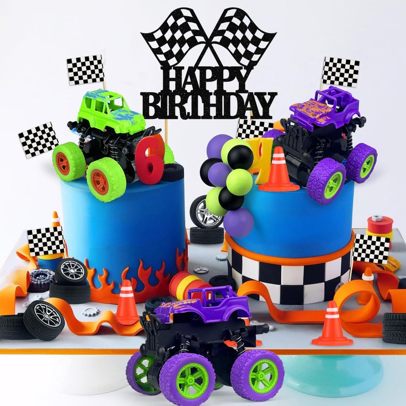 KEEPARTY 29PCS Truck Cake Decoration 2 Purple 1 Green Off-road Vehicle Cake Top Decoration Deep Purple Light Green Black Balls Truck Themed Party Supplies - Image 3