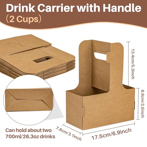 MAQIHAN 2 Cup Drink Carrier with Handle 12Pcs Disposable Paper Cardboard Coffee Cup Holder Portable Drink Caddy Cup Carriers to go Cup Holder Food Delivery Accessories for HotCold Drinks Brown - Image 3