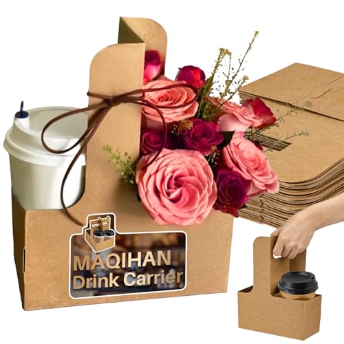 MAQIHAN 2 Cup Drink Carrier with Handle 12Pcs Disposable Paper Cardboard Coffee Cup Holder Portable Drink Caddy Cup Carriers to go Cup Holder Food Delivery Accessories for HotCold Drinks Brown - Image 1