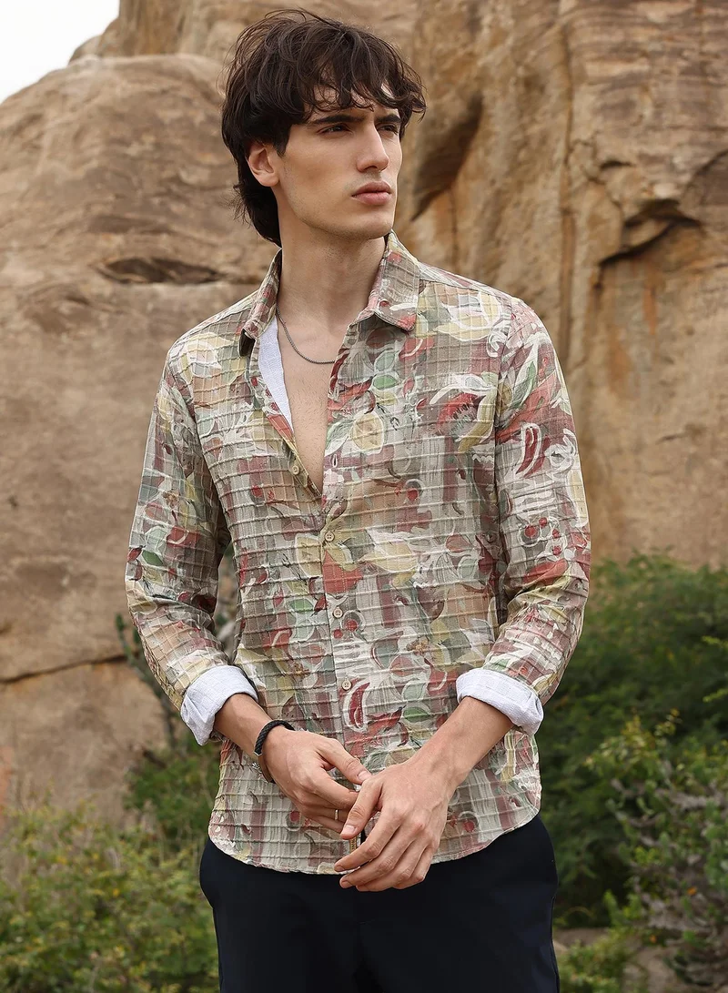 Campus Sutra Men's Multicolour Artistic Botanical Shirt For Casual Wear | Spread Collar | Long Sleeve | Button Closure | Shirt Crafted With Comfort Fit For Everyday Wear