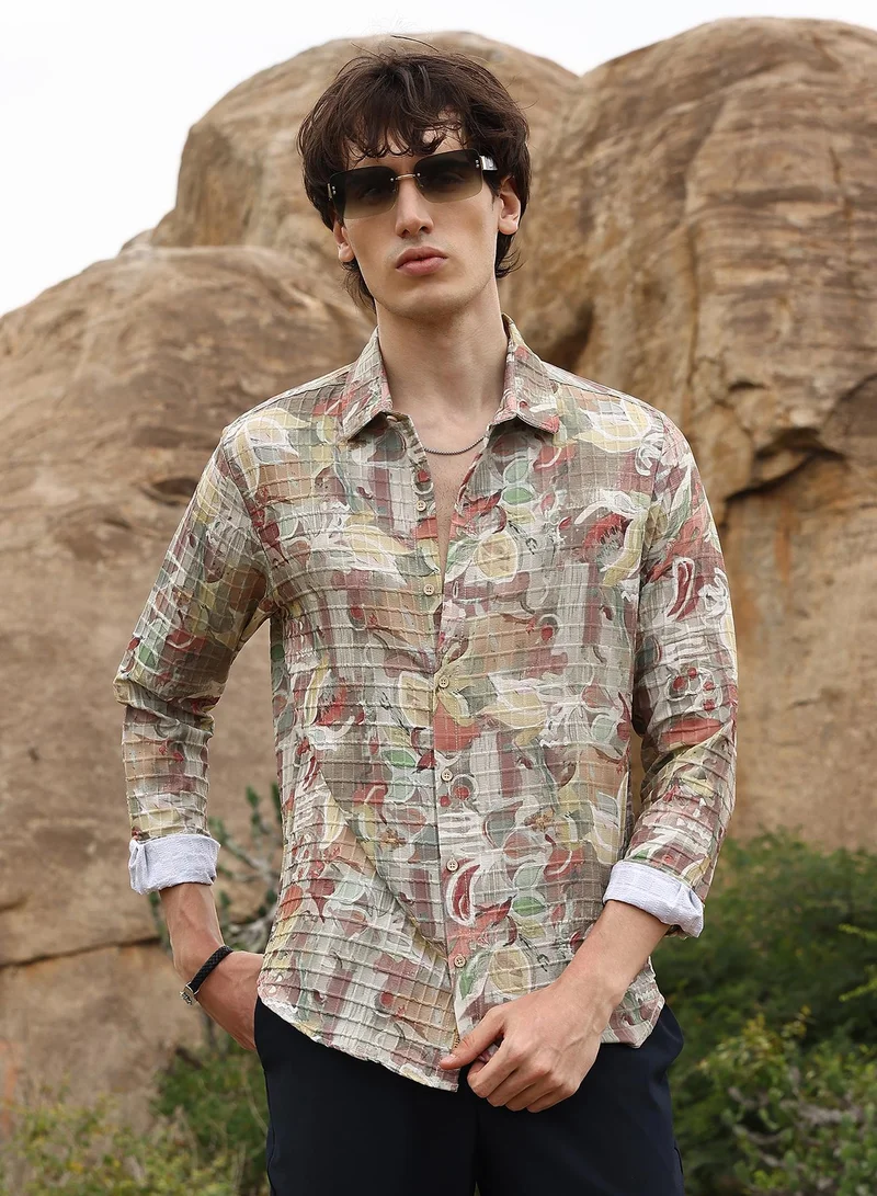 Campus Sutra Men's Multicolour Artistic Botanical Shirt For Casual Wear | Spread Collar | Long Sleeve | Button Closure | Shirt Crafted With Comfort Fit For Everyday Wear