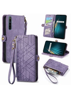 HuHa Case Cover For Realme 5 / 5i / 6i Geometric Zipper Wallet Side Buckle Leather Phone Case Purple 
