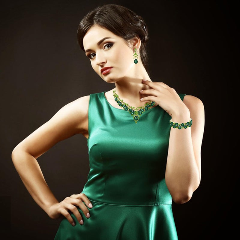 Paxuan Elegant Bridal Wedding Jewelry Set for Women / Brides / Bridesmaids Teardrop Crystal Leaf Cluster Jewelry Set for Wedding Prom Party Bridal Bridesmaids Rhinestone Crystal Necklace Earrings Bracelet Set (Emerald Green(Gold)) - Image 3