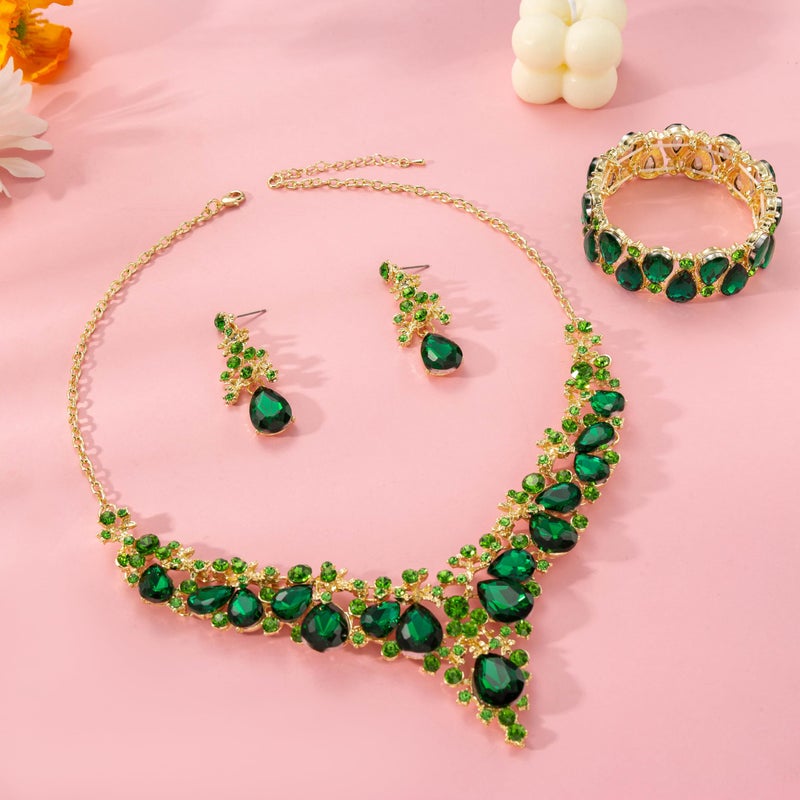 Paxuan Elegant Bridal Wedding Jewelry Set for Women / Brides / Bridesmaids Teardrop Crystal Leaf Cluster Jewelry Set for Wedding Prom Party Bridal Bridesmaids Rhinestone Crystal Necklace Earrings Bracelet Set (Emerald Green(Gold)) - Image 5