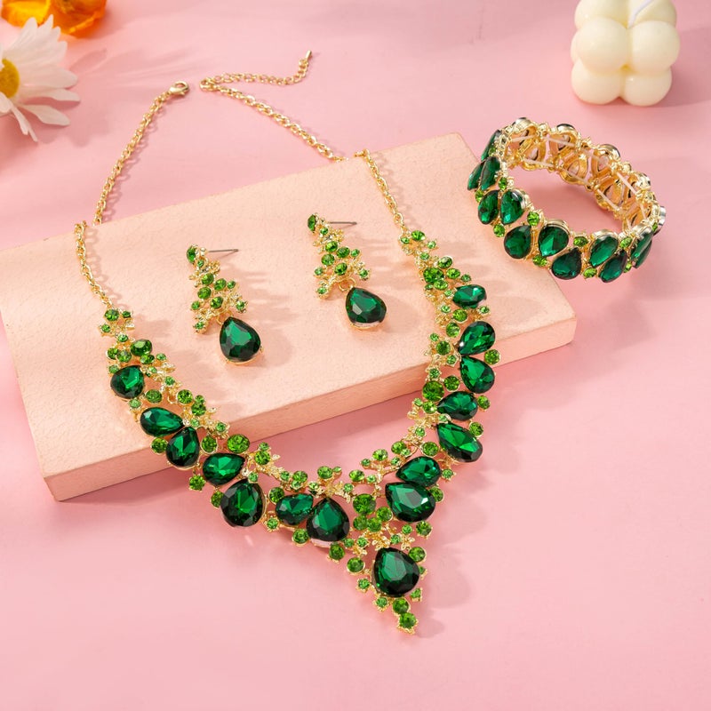 Paxuan Elegant Bridal Wedding Jewelry Set for Women / Brides / Bridesmaids Teardrop Crystal Leaf Cluster Jewelry Set for Wedding Prom Party Bridal Bridesmaids Rhinestone Crystal Necklace Earrings Bracelet Set (Emerald Green(Gold)) - Image 4