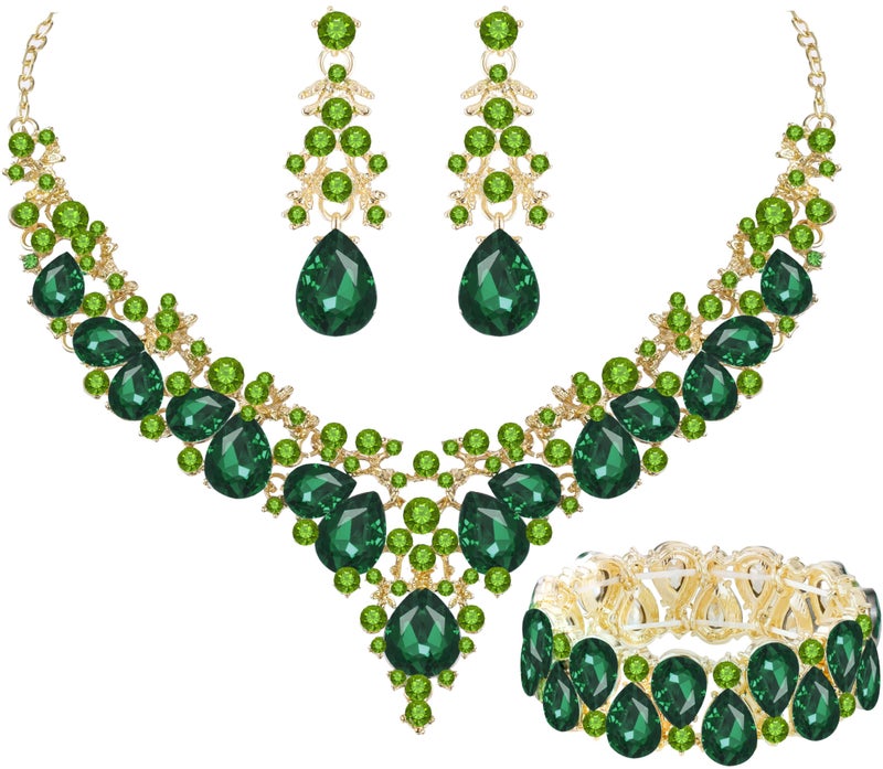 Paxuan Elegant Bridal Wedding Jewelry Set for Women / Brides / Bridesmaids Teardrop Crystal Leaf Cluster Jewelry Set for Wedding Prom Party Bridal Bridesmaids Rhinestone Crystal Necklace Earrings Bracelet Set (Emerald Green(Gold)) - Image 1