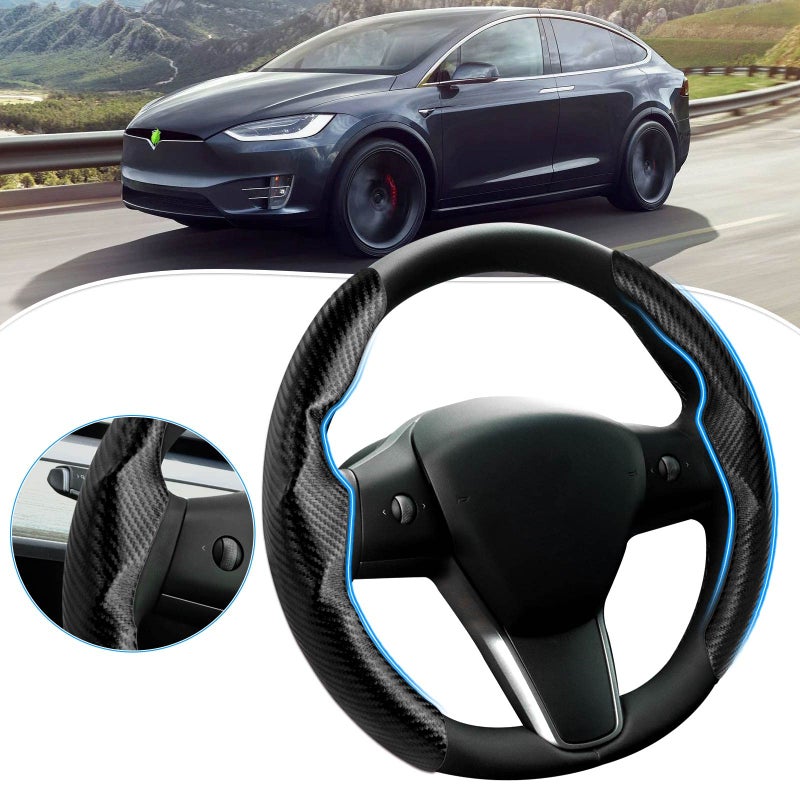 Canvcle Compatible with Carbon Fiber Steering Wheel Cover 2022 2023 Tesla Model 3 2017-2021 / Model Y 2020-2023 Car Steer Wheel Cover Protector Black for Men and Women Non Slip 2PCS
