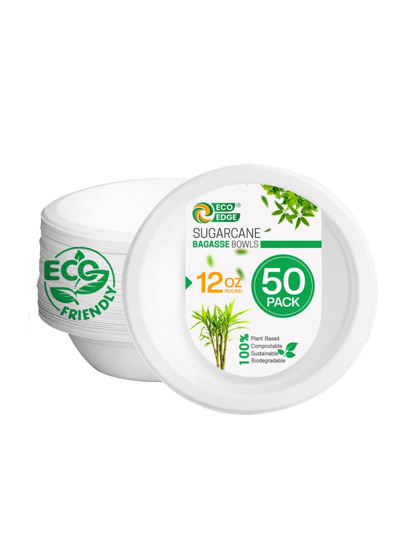 EcoEdge EcoEdge 12 Oz Round White Disposable Sugarcane Bagasse Bowls (Pack of 50) | Biodegradable, Compostable, Sustainable, Paper Cereals Bowl | Freezer and Microwave Friendly | 100% Sustainable  - Image 1