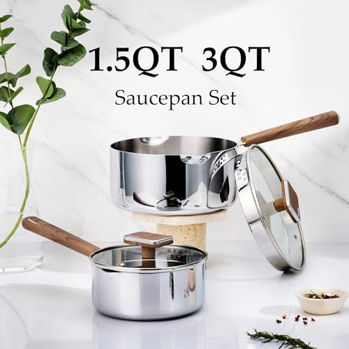CAROTE15Qt 3Qt Stainless Steel Saucepan Set Triple Ply Stainless Steel Pot Saucepan with Glass Lid Small Sauce Pot with Wooden Handle Easy Pour Rim - Image 3