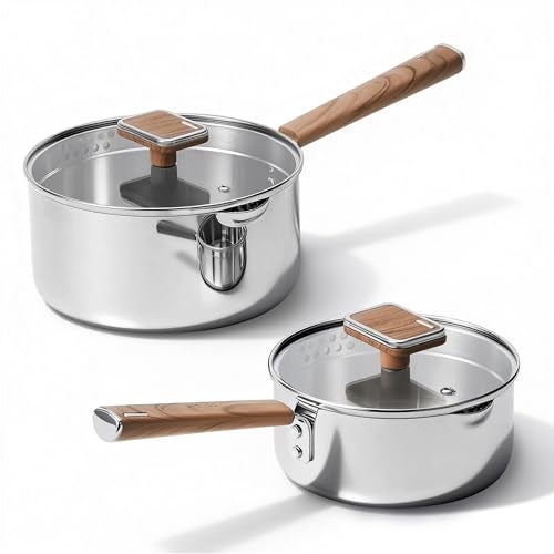 CAROTE15Qt 3Qt Stainless Steel Saucepan Set Triple Ply Stainless Steel Pot Saucepan with Glass Lid Small Sauce Pot with Wooden Handle Easy Pour Rim - Image 1