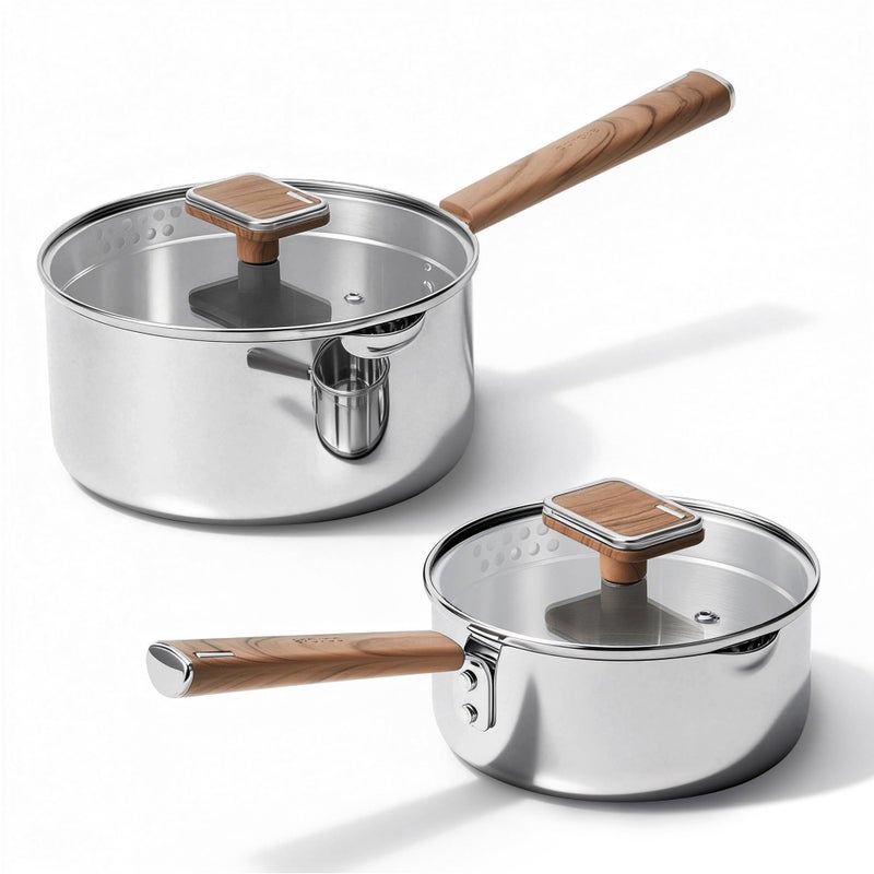 CAROTE15Qt 3Qt Stainless Steel Saucepan Set Triple Ply Stainless Steel Pot Saucepan with Glass Lid Small Sauce Pot with Wooden Handle Easy Pour Rim - Image 2