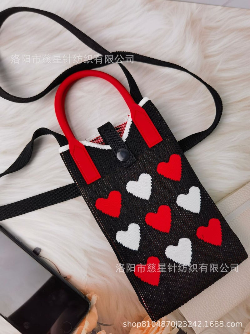 2025 Autumn New Style Girl'S Heart-Shaped Handbag For Carrying Mobile Phones, Knitted Crossbody Bag, Portable Textured Small Handbag - Image 1