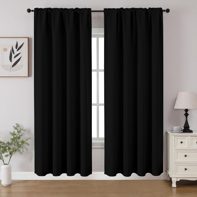 CUCRAF Black Blackout Curtains 72 inch Length 2 Panels Set, Rod Pocket Room Darkening Drapes for Bedroom Living Room, Insulated Thermal Light Blocking Window Curtain (W52 x L72 Inch) - Image 1