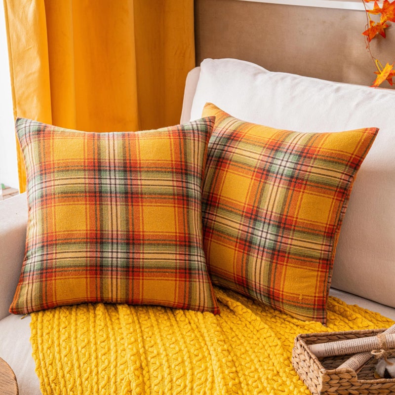 AQOTHES Fall Plaid Yellow Throw Pillow Covers 18x18 Inch  Set of 2 Autumn Decorative Throw Pillows for Couch Sofa Bed Living Room Home Decor  Accent Pillow Cases for Farmhouse Couch Cushion Covers - Image 1