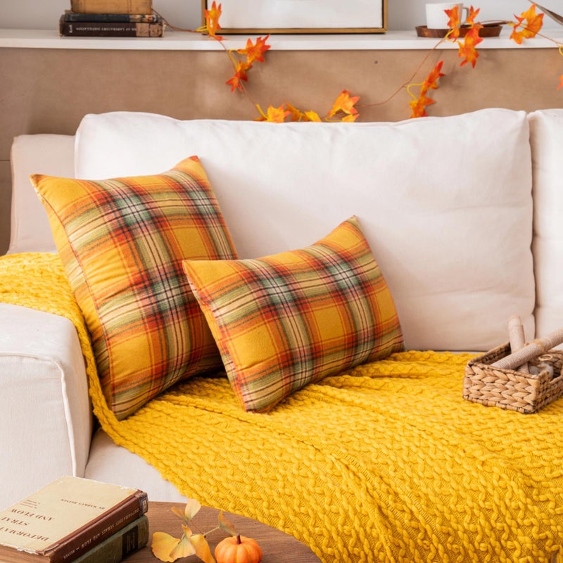 AQOTHES Fall Plaid Yellow Throw Pillow Covers 18x18 Inch  Set of 2 Autumn Decorative Throw Pillows for Couch Sofa Bed Living Room Home Decor  Accent Pillow Cases for Farmhouse Couch Cushion Covers - Image 3
