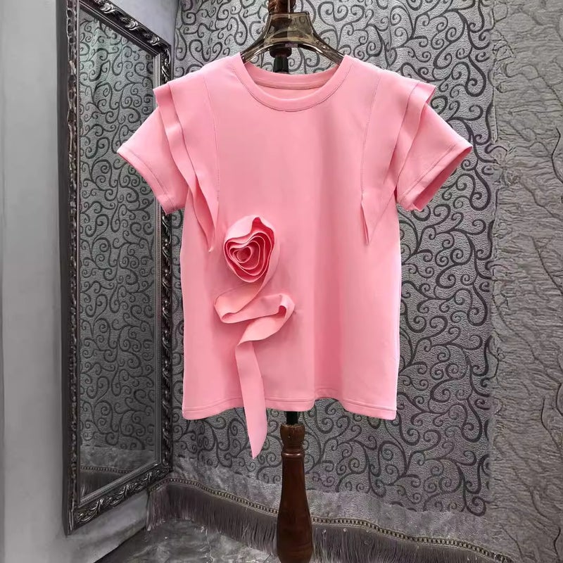 Summer European Women'S Clothing Three-Dimensional Flower Ruffled Solid Color Round Neck Short Sleeve All-Match T-Shirt - Image 4
