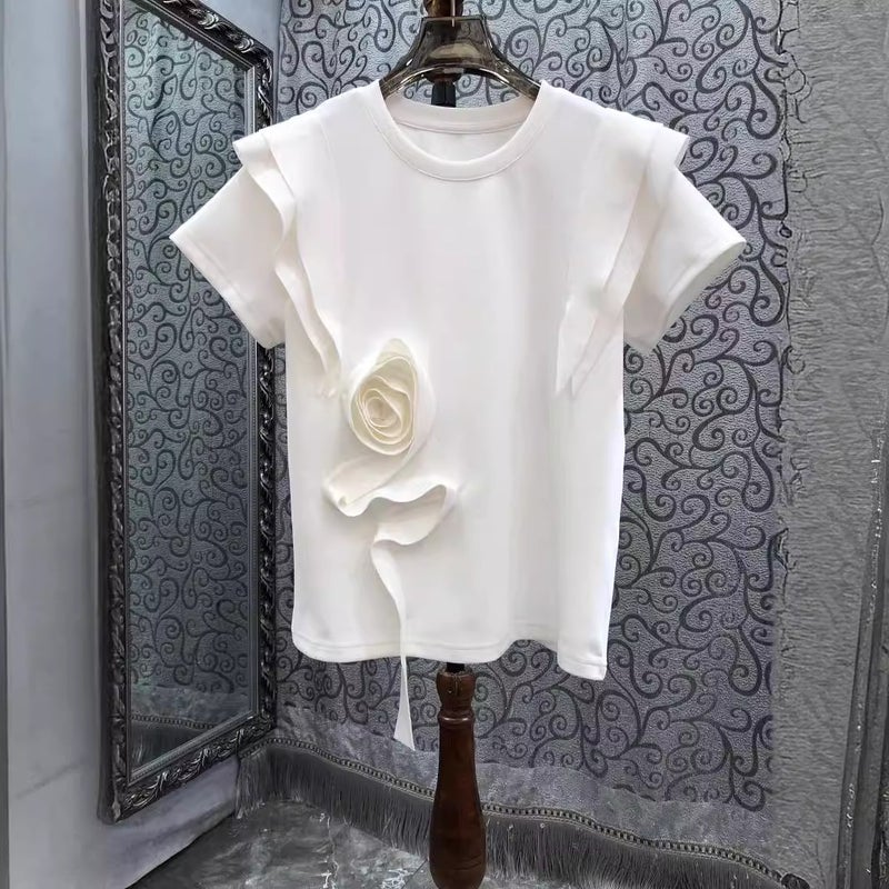 Summer European Women'S Clothing Three-Dimensional Flower Ruffled Solid Color Round Neck Short Sleeve All-Match T-Shirt - Image 2