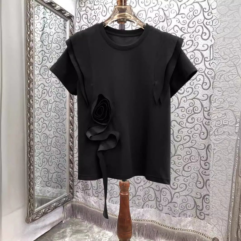 Summer European Women'S Clothing Three-Dimensional Flower Ruffled Solid Color Round Neck Short Sleeve All-Match T-Shirt - Image 5
