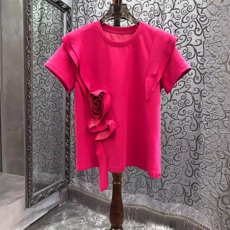Summer European Women'S Clothing Three-Dimensional Flower Ruffled Solid Color Round Neck Short Sleeve All-Match T-Shirt - Image 3