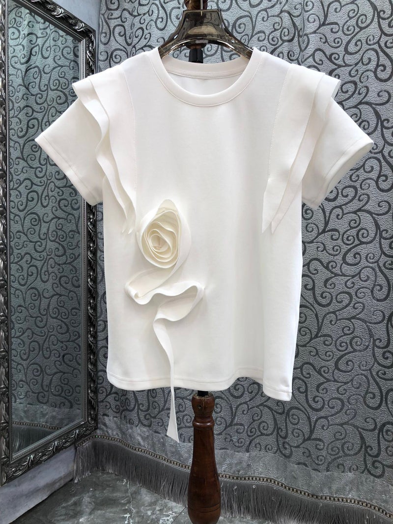 Summer European Women'S Clothing Three-Dimensional Flower Ruffled Solid Color Round Neck Short Sleeve All-Match T-Shirt - Image 1