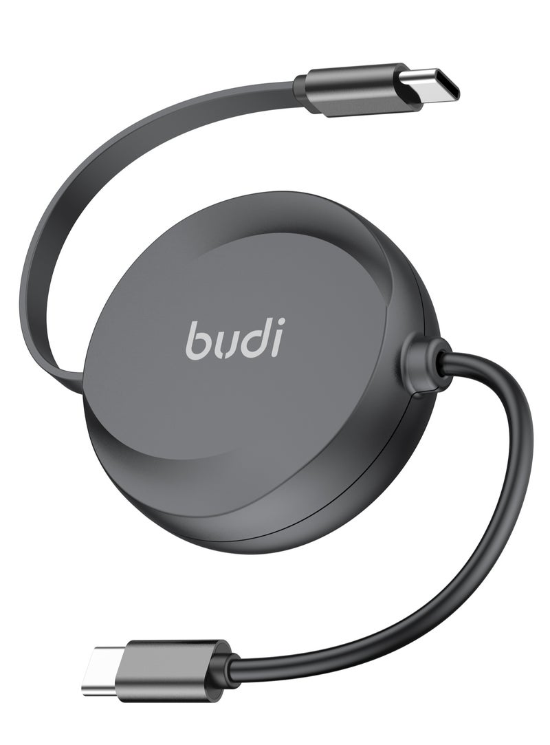 بودي كابل شحن سريع USB-C إلى USB-C قابل للسحب للشحن والمزامنة، يدعم تقنية PD بقدرة 65 واط ويتميز بتصميم بكرة مدمج (DC257TT10B)؛ متوافق مع الهواتف الذكية والأجهزة اللوحية وأجهزة الكمبيوتر المحمولة وبنوك الطاقة، باللون الأسود. - Image 1