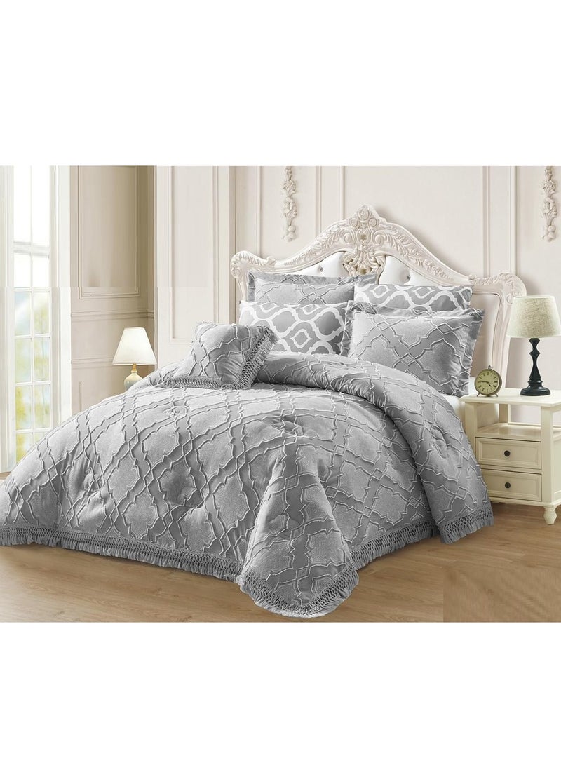 طقم لحاف فاخر مطرز من 6 قطع - طقم سرير كبير الحجم مع ملاءة سرير وأغطية وسائد | 220×240 سم