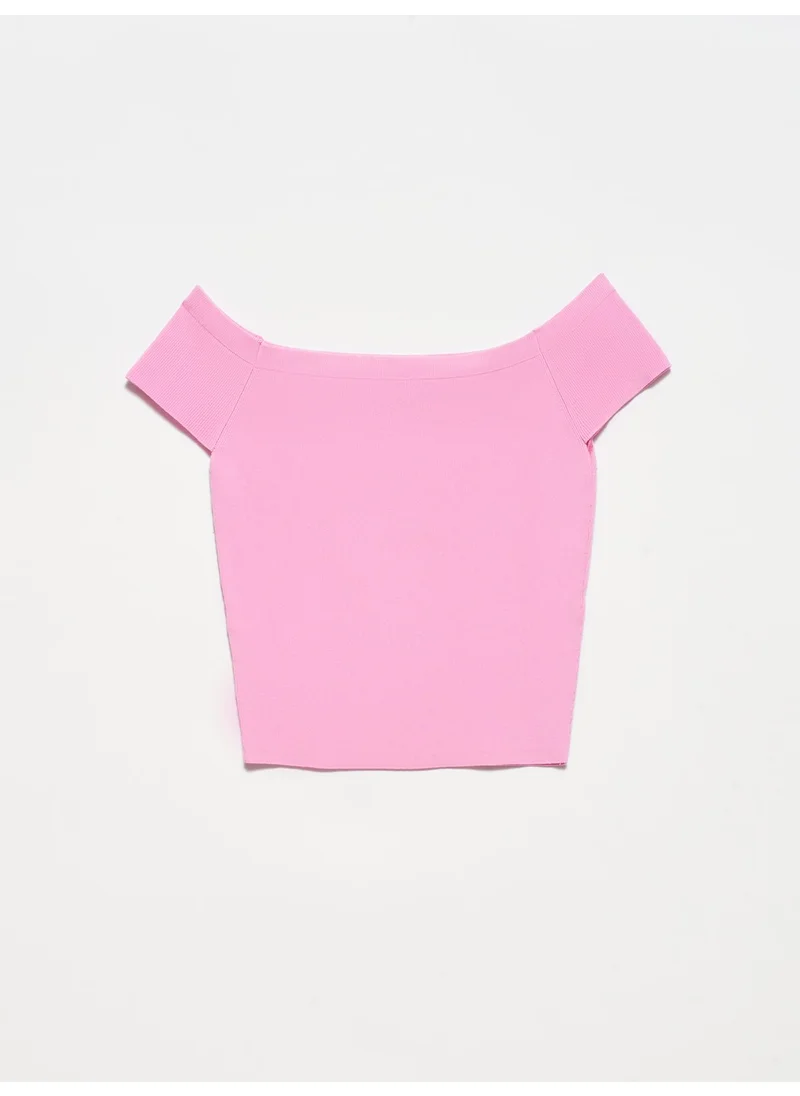 Dilvin 2682 Boat Neck Short Sleeve Sweater-Pink