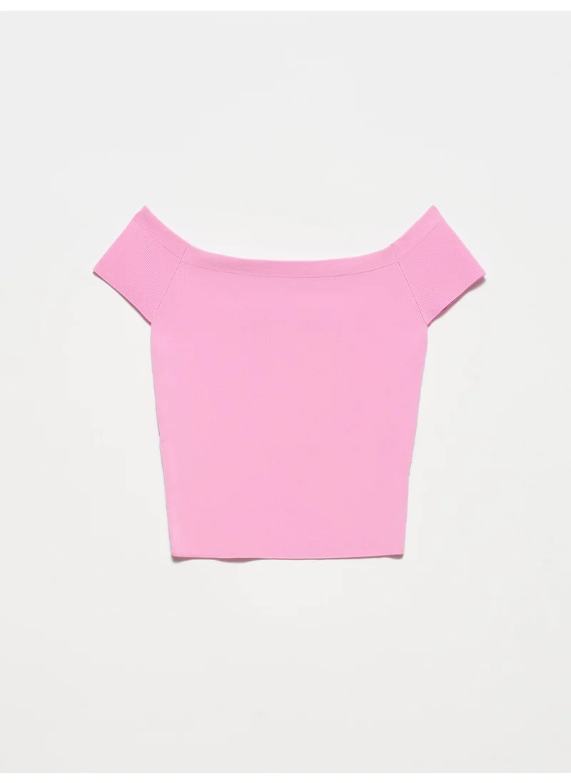 Dilvin 2682 Boat Neck Short Sleeve Sweater-Pink