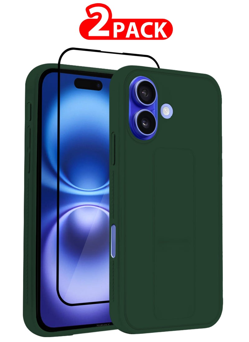 CATANES - (for Apple iPhone 16) 2Packs (1Case with 1 Screen Protector), Case Premium PU Leather Back Cover with Stand Function Shockproof and Anti Scratch Finger Grip Case Cover / Green - Image 1