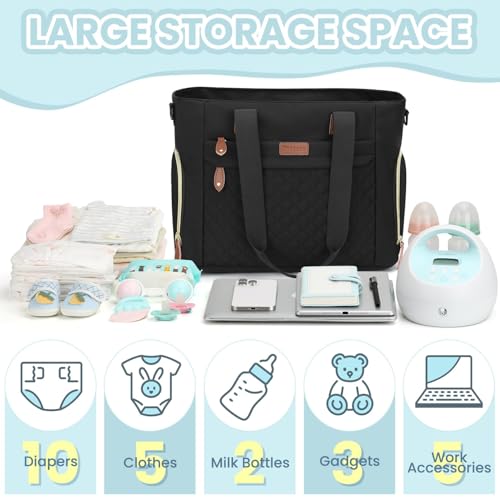 Pritent Diaper Bag Tote for Working Mom Large Travel Diaper Tote for Mom and Dad with 14 Inch Laptop Sleeve Mommy Maternity Travel Baby Bag for Boys and Girls Black - Image 3
